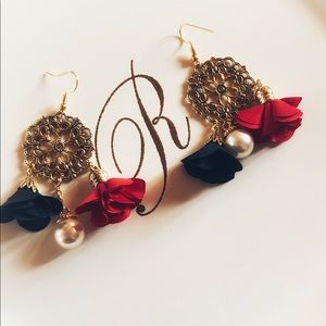 Red Black and Gold Round Dangly Earrings